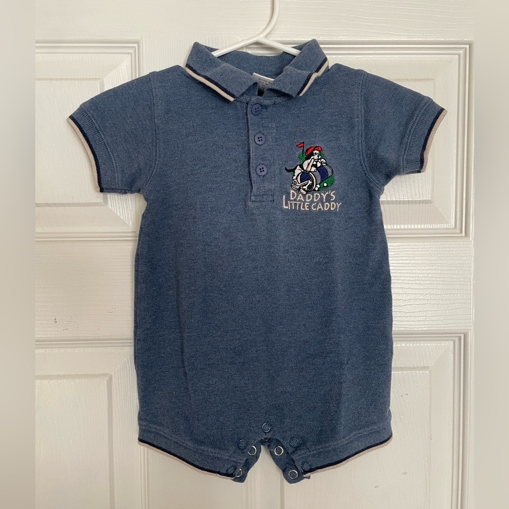 Little Big Dogs Vintage Baby 3-6 Months Blue Polo Romper with Golf Embroidery